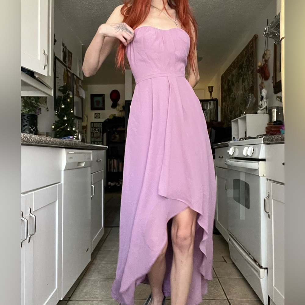 purple chiffon strapless dress